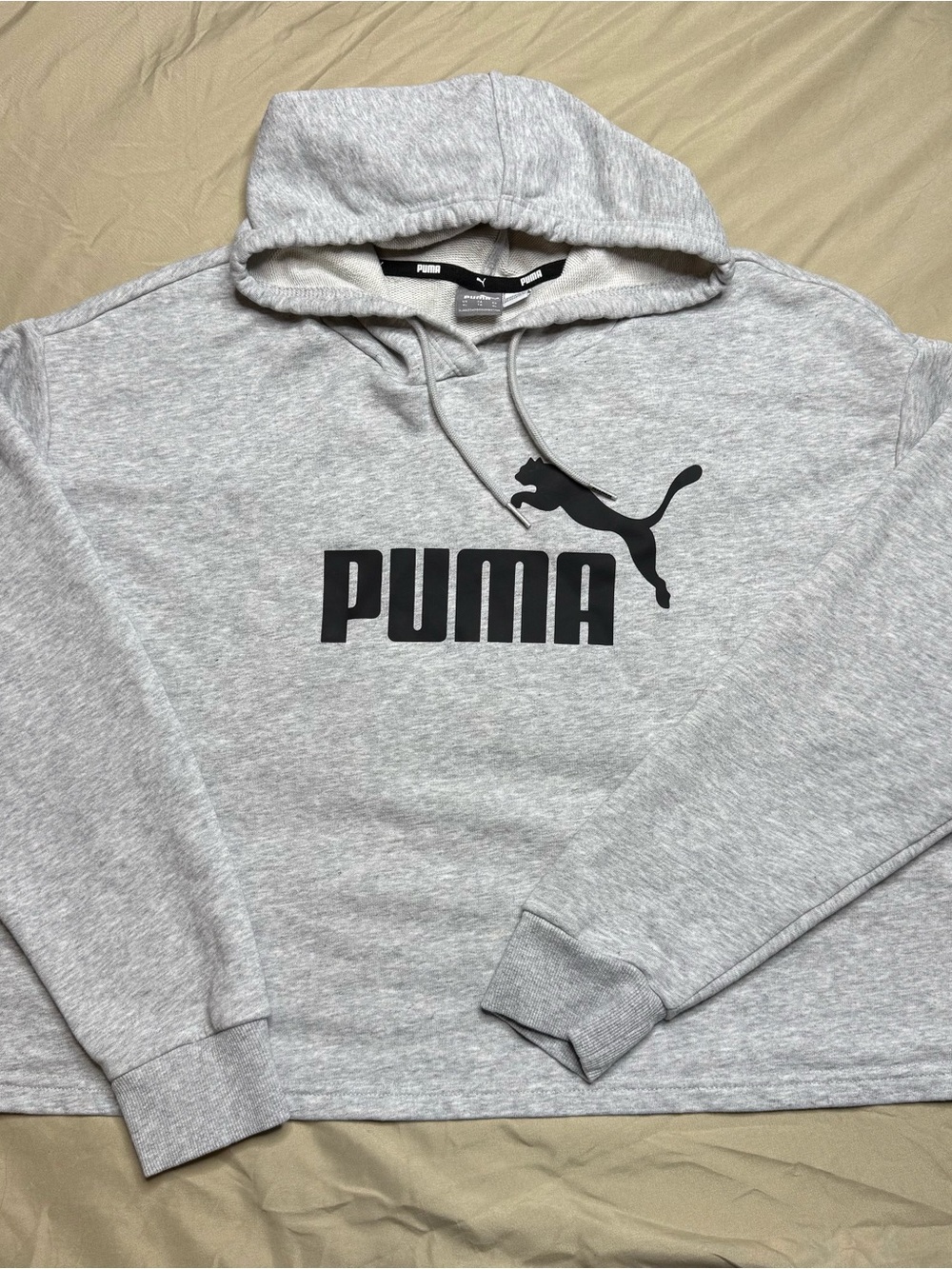 Puma Light Gray Pullover Hoodie with Black Logo Crop Womens XL
